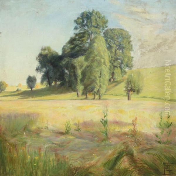 Meadow With Trees And Haystacks Oil Painting by Poul S. Christiansen