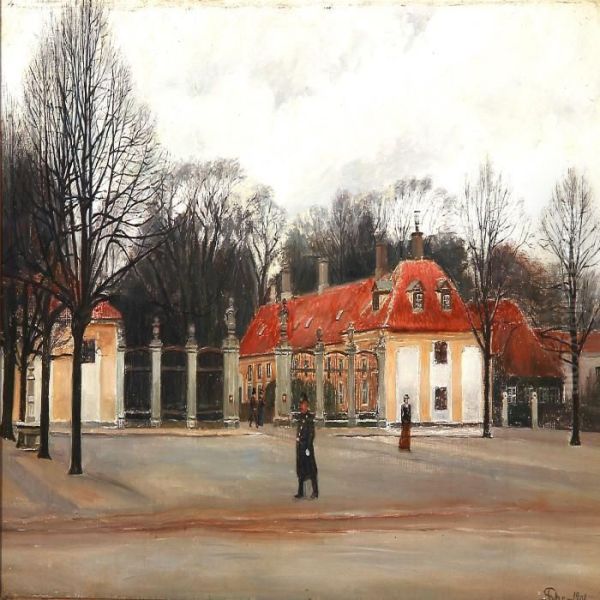 A Policeman At Frederiksberg Square With The Entrance To Frederiksberg Garden Oil Painting by Soren Christiansen