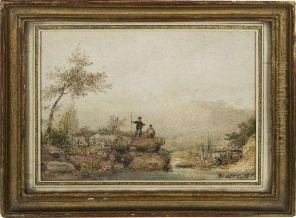 Couple De Pecheurs Pres D'une Riviere Oil Painting by Ernest Ciceri