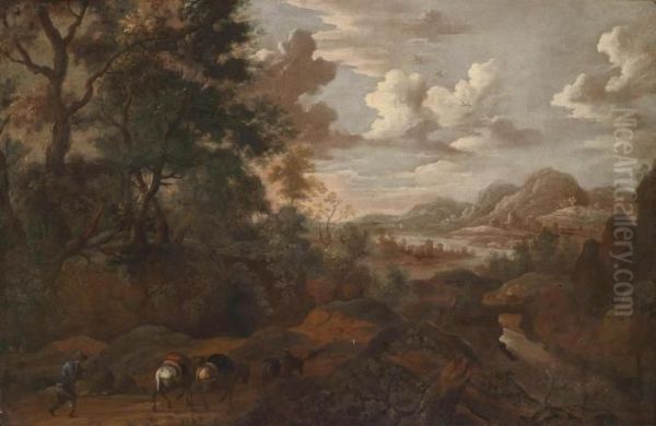 A Wide Landscape With Travellers Oil Painting by Vittorio Amedeo Cignaroli