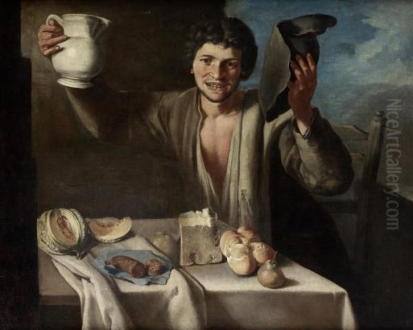 A Peasant Boy Seated At A Table, Holding A Jug Oil Painting by Giacomo Francesco Cipper