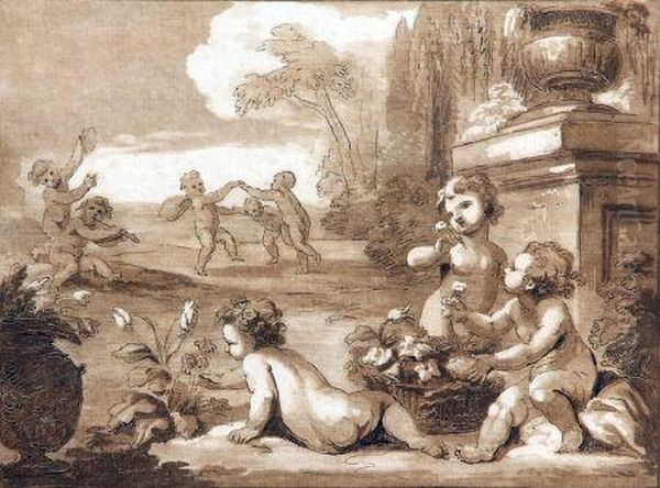 Group Of Putti Playing Oil Painting by Giovanni Batista Cipriani