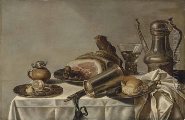 A Ham On A Pewter Platter Oil Painting by Pieter Claesz.