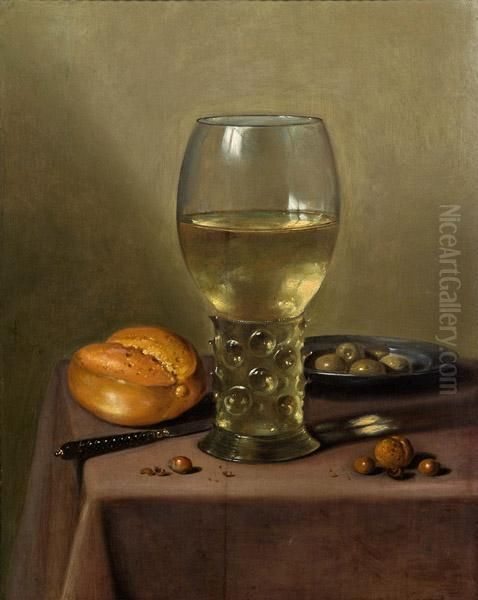 Stillleben Mit Romer, Brot, Oliven Und Nussen Oil Painting by Pieter Claesz.