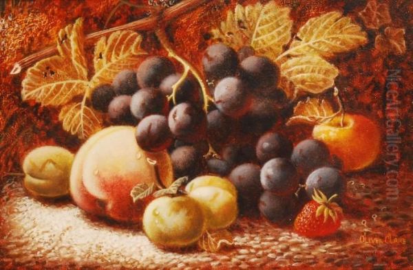 Black, White Grapes, Plums And Peaches On A Mossy Bank Oil Painting by Oliver Clare