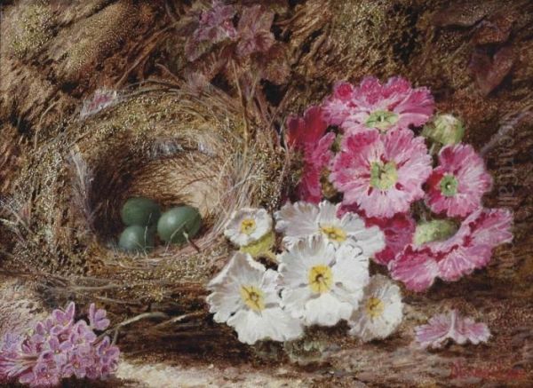 Primroses And A Bird's Nest On A Mossy Bank Oil Painting by Oliver Clare