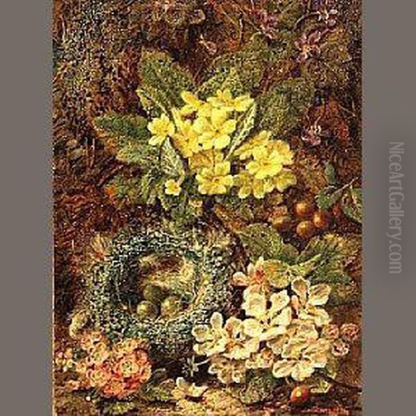 A Still Life With A Bird's Nest And Wildflowers On A Mossy Bank Oil Painting by Oliver Clare