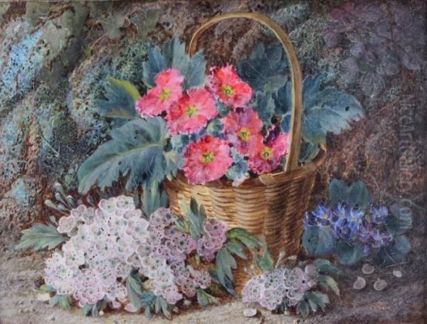 Primulas In A Basket With Blossom Grapes Oil Painting by Vincent Clare