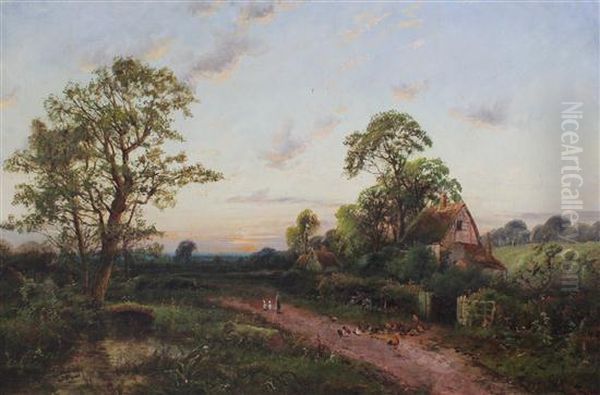 Hens And Cottages Beside A Lane Oil Painting by Octavius Thomas Clark