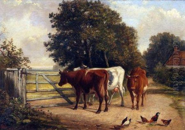 Cows And Chickens In Country Lane Oil Painting by Joseph Clark