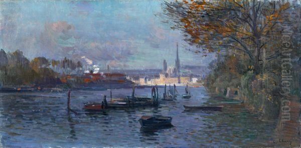 < La Seine A Rouen >. Oil Painting by Jean Eugene Clary