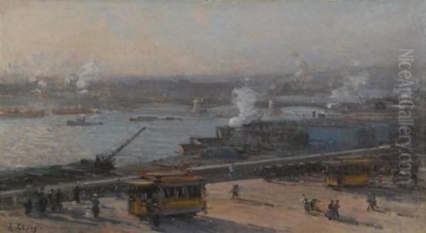 View Of The Port Of Rouen Oil Painting by Jean Eugene Clary