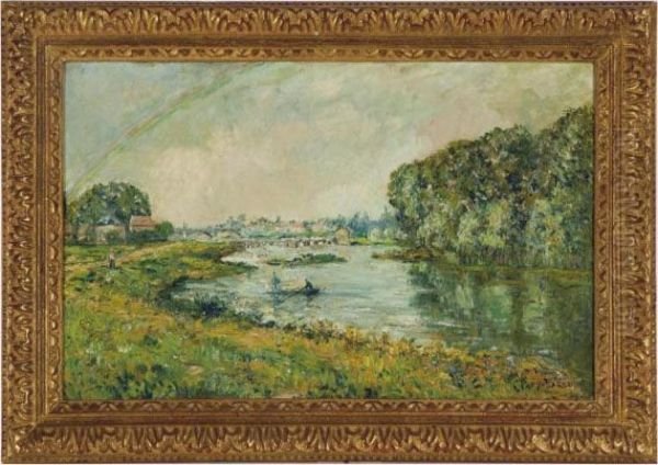 A Rainbow Over A River Landscape Oil Painting by Adolphe Clary-Baroux