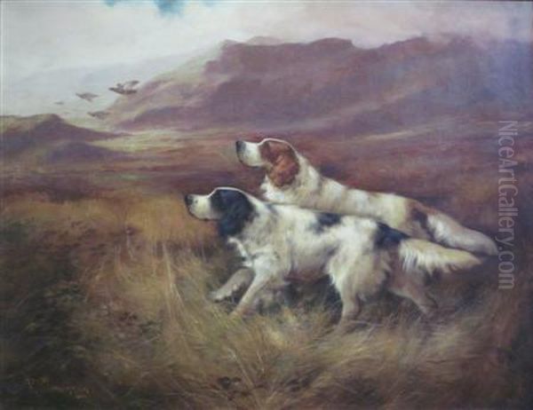 Gun Dogs On A Highland Moor Oil Painting by Robert Cleminson