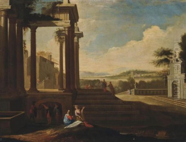 An Architectural Capriccio With Elegant Company Conversing Oil Painting by Viviano Codazzi