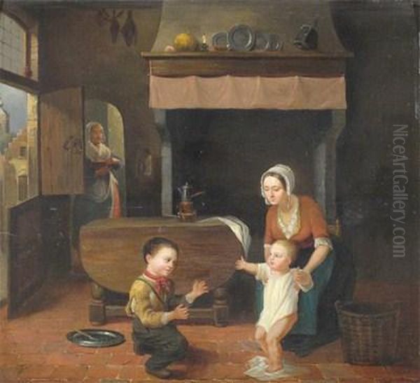 A Mother And Children In An Interior Oil Painting by Constantin Fidele Coene