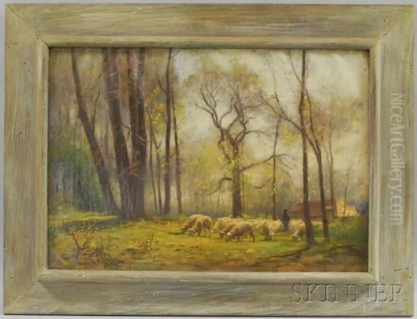 Sheep And Herder In A Forest Glade Oil Painting by Joseph Foxcroft Cole