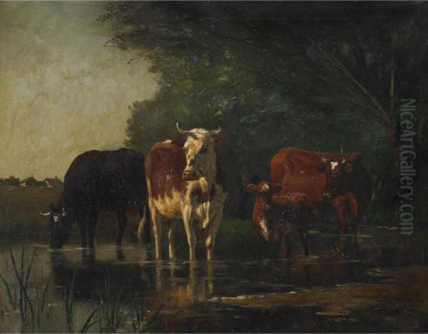 Cattle And Their Calf Watering In A Farm Pasture Oil Painting by Joseph Foxcroft Cole