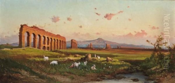 A Goatherd At The Claudia Aqueduct On The Roman Campagna Oil Painting by Enrico Coleman