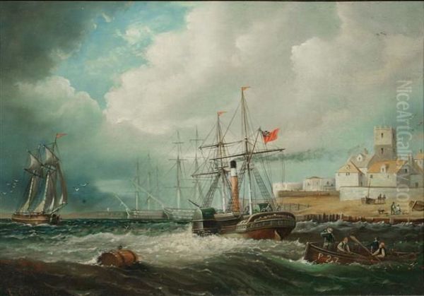 War And Rowing Boats Off A Harbour Side With Church Tower Oil Painting by Ebenezer Colls