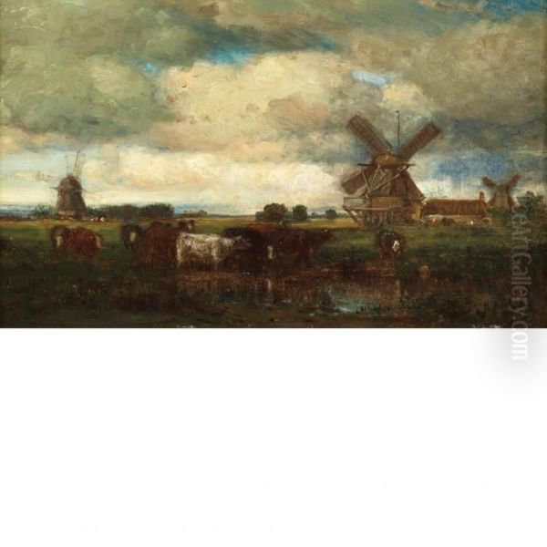 Landscape Of Cows And Windmills by Samuel Colman