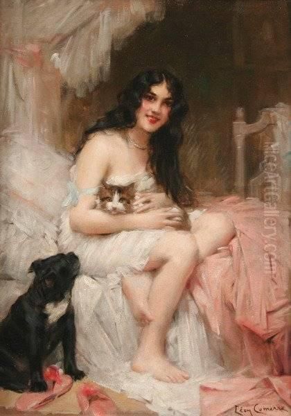 Beauty In Bed With Kitten And Black Dog Oil Painting by Leon Francois Comerre