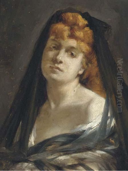 Portrait Of A Lady, Bust-length, In A Black Veil Oil Painting by Leon Francois Comerre