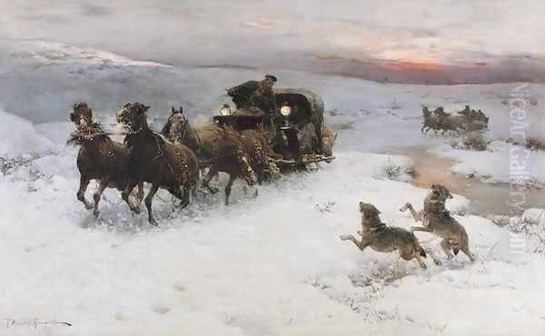 Attack of Wolves I Oil Painting by Alfred Wierusz-Kowalski