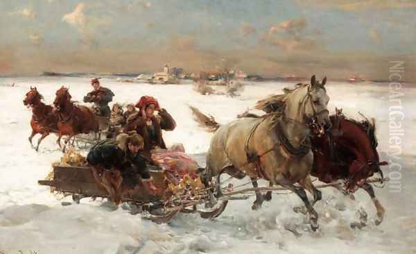 Sleigh Ride Oil Painting by Alfred Wierusz-Kowalski