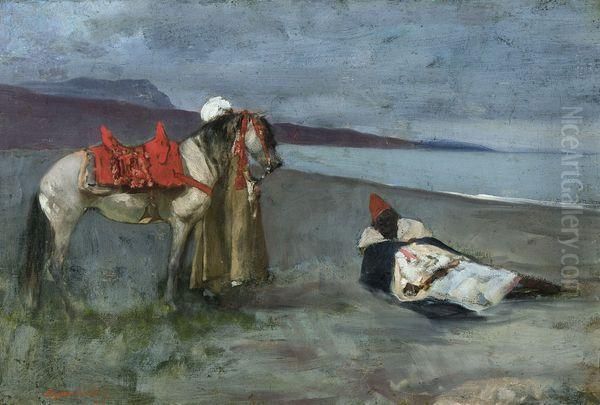 Arabe Au Repos At Accompagnateur A La Plage Oil Painting by Benjamin Jean Joseph Constant