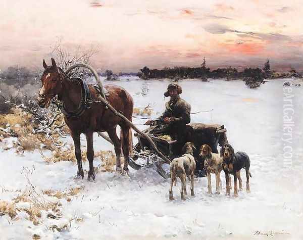 Horse Drawn Sled at Dusk Oil Painting by Alfred Wierusz-Kowalski