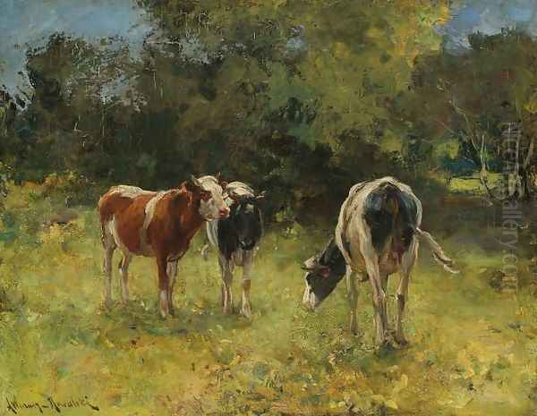 Cows in a Paddock Oil Painting by Alfred Wierusz-Kowalski