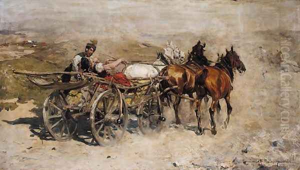 Troika on a Dusty Road Oil Painting by Alfred Wierusz-Kowalski