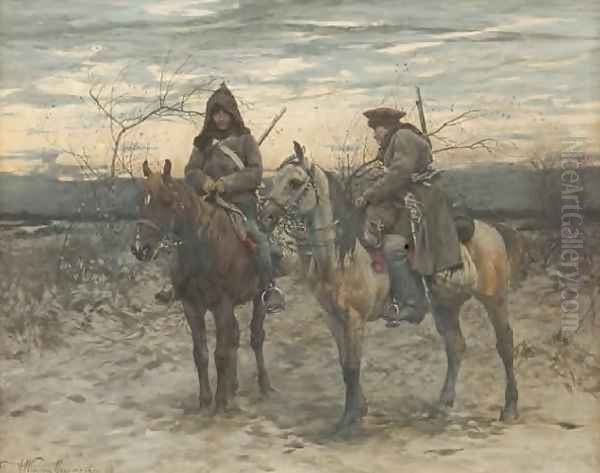 Patrol on Horses Oil Painting by Alfred Wierusz-Kowalski