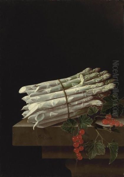 Asparagus And Red Currants On A Stone Ledge Oil Painting by Adriaen Coorte