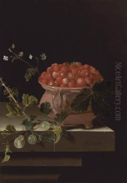 A Bowl Of Strawberries With Gooseberries On A Stone Ledge Oil Painting by Adriaen Coorte