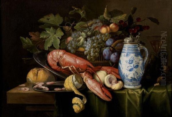 Composition A La Corbeille De Fruits, Au Homard Et A La Bouteille En Faience De Delft Oil Painting by Alexander Coosemans