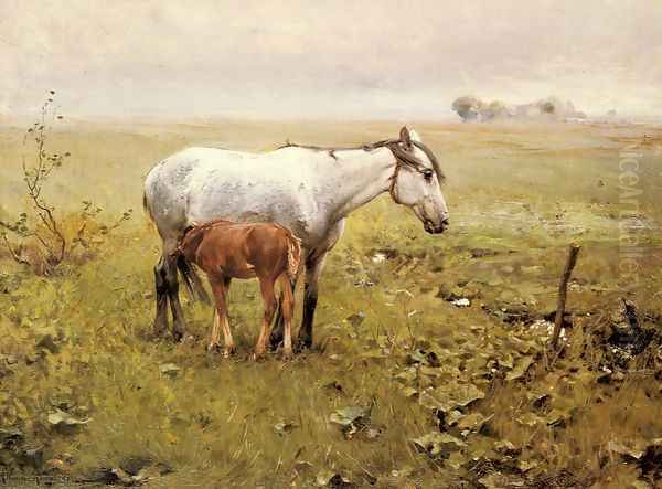 A Mare and her Foal in a Landscape Oil Painting by Alfred Wierusz-Kowalski