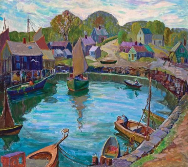 Boats In A Harbor Oil Painting by Fern Isabel Coppedge