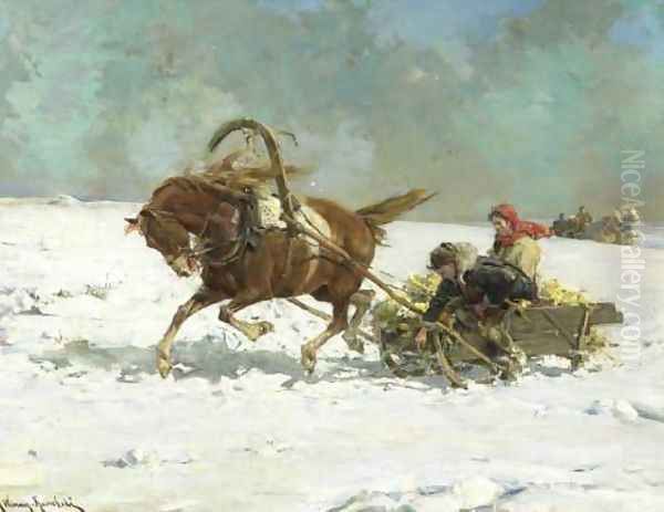 Sleigh Oil Painting by Alfred Wierusz-Kowalski