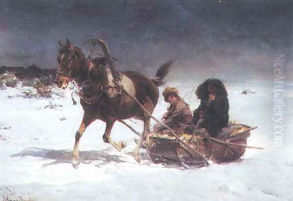 Sleigh at Night Oil Painting by Alfred Wierusz-Kowalski