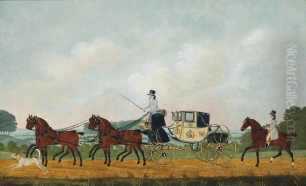 A Coach And Four, Another Horseman Following Behind Oil Painting by John Cordrey