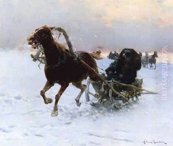 Sledding Caravan Oil Painting by Alfred Wierusz-Kowalski