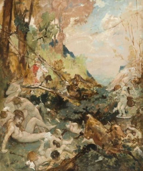 Scene De Chasse A Courre Perturbant Le Bain Des Nymphes Oil Painting by Fernand-Anne Piestre Cormon