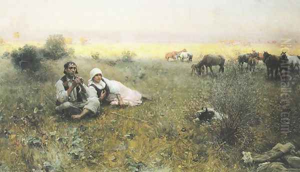 Shepherd's Tune Oil Painting by Alfred Wierusz-Kowalski