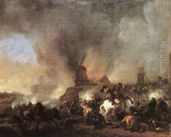 Cavalry Battle in front of a Burning Mill 1660s Oil Painting by Philips Wouwerman