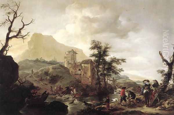 Stag Hunt in a River 1650s Oil Painting by Philips Wouwerman