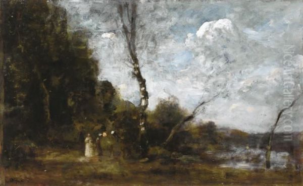 Lisiere De Bois Avec Trois Paysannes Oil Painting by Jean-Baptiste-Camille Corot