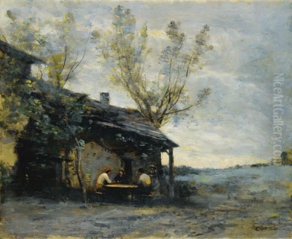 Une Guingette A Vaugirard Oil Painting by Jean-Baptiste-Camille Corot