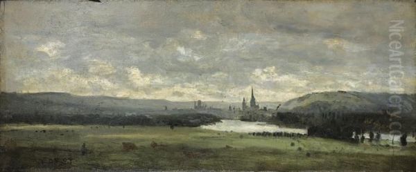 Rouen, Vue Panoramique Avec La Seine Au Premier Plan Oil Painting by Jean-Baptiste-Camille Corot